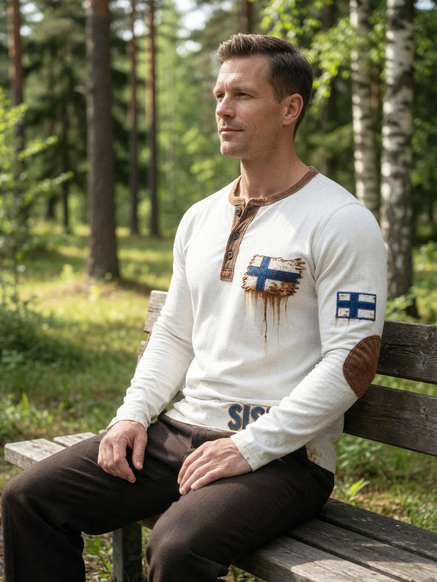 Miesten valkoinen Vintage 3D-tulostettu suomalainen lippu Henley kaula Sweatshirt