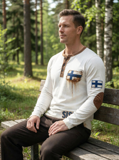 Miesten valkoinen Vintage 3D-tulostettu suomalainen lippu Henley kaula Sweatshirt