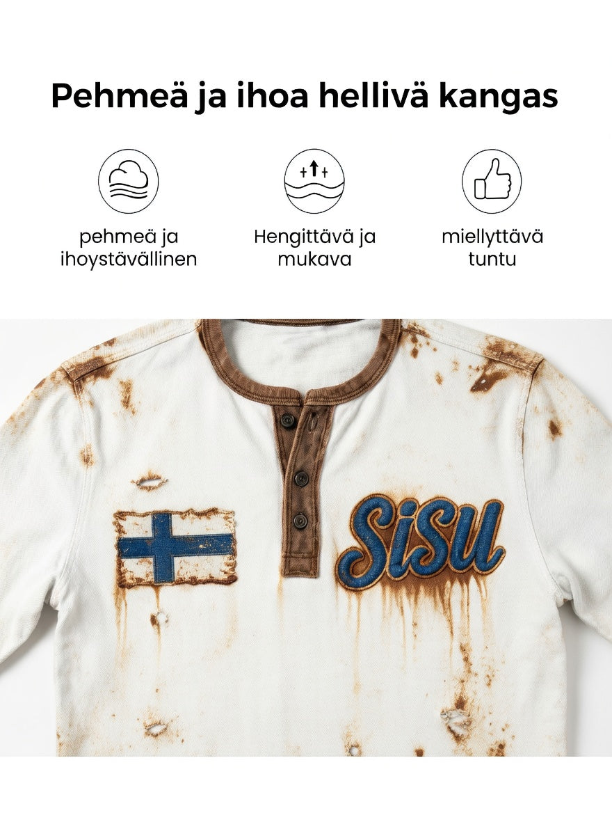 Miesten valkoinen Vintage 3D-tulostettu suomalainen lippu Henley kaula Sweatshirt