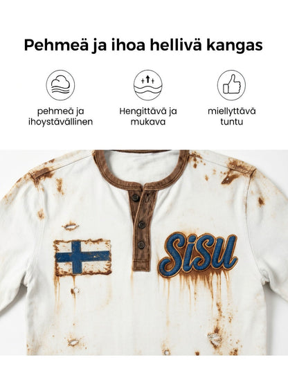 Miesten valkoinen Vintage 3D-tulostettu suomalainen lippu Henley kaula Sweatshirt