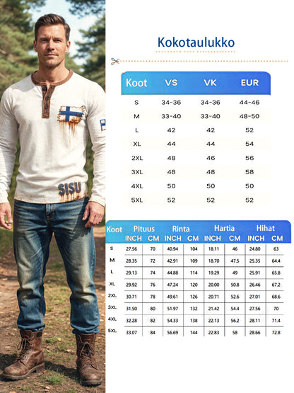 Miesten valkoinen Vintage 3D-tulostettu suomalainen lippu Henley kaula Sweatshirt