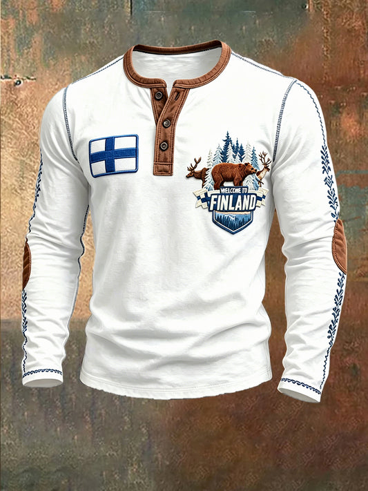 Herre Finland Flagg Trykt Uformell Hvit Henley Neck Genser