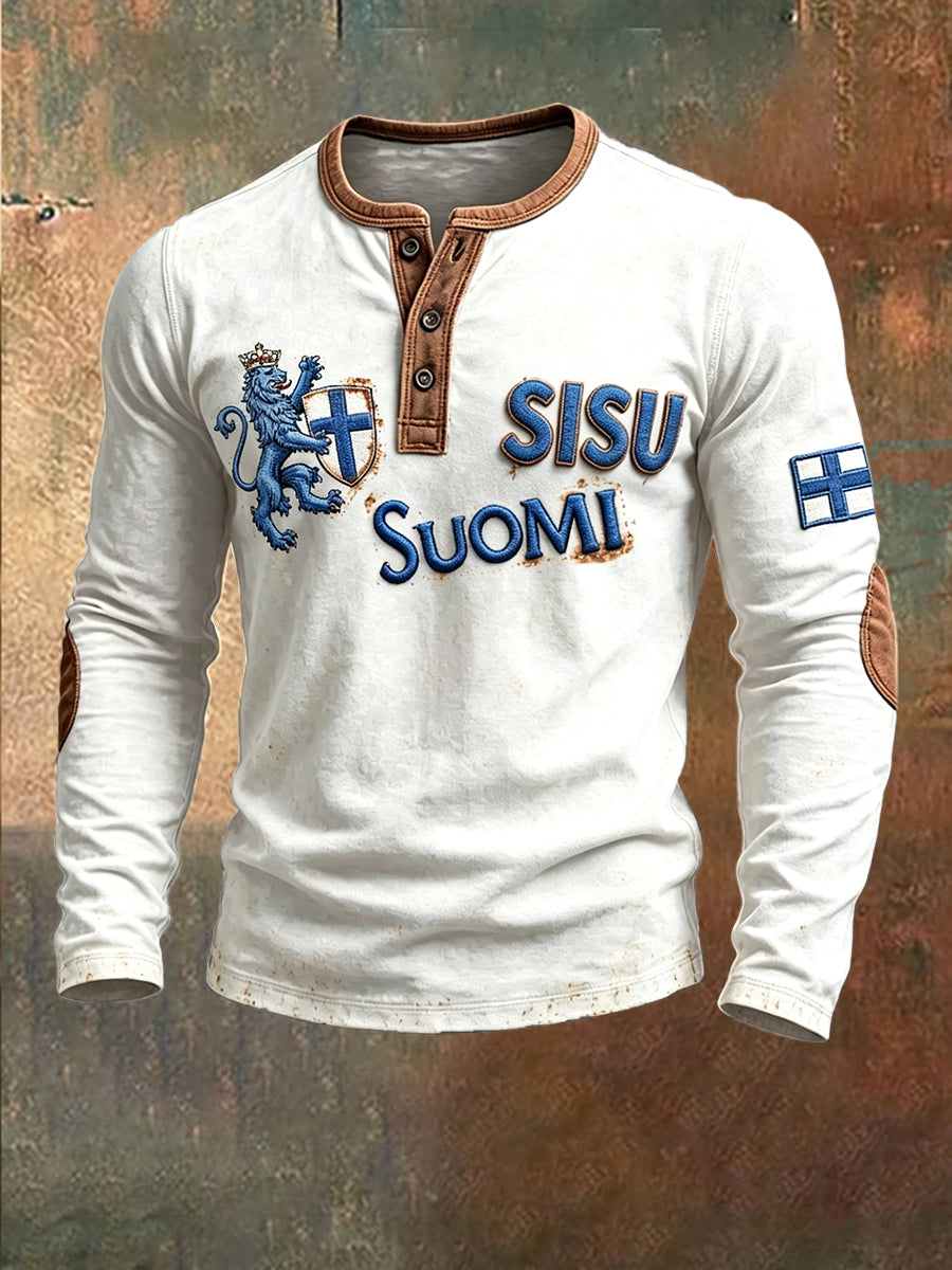 Miesten suomalainen Sisu 3D Tulosta Casual White Henley Sweatshirt
