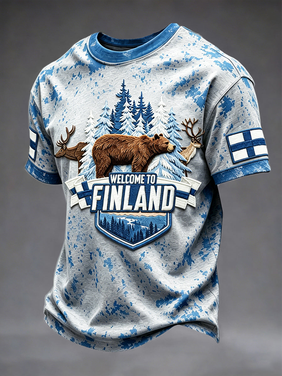 Miesten harmaasävy suomalainen 3D-karhu Print Casual T-paia