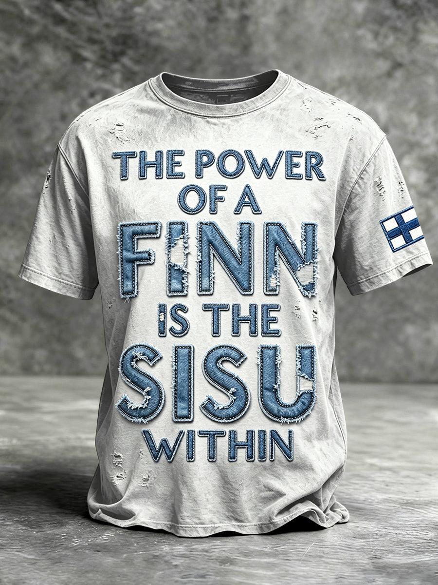 Miesten kevyt harmaa suomalainen 3D Lettering Print Casual T-paito