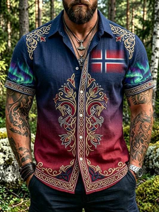 Menns Vintage Norske Aurora lappeteknikk kunstnerisk uformell skjorte