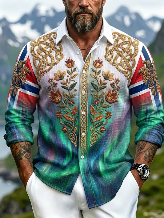 Menns Vintage Aurora print patchwork uformell skjorte