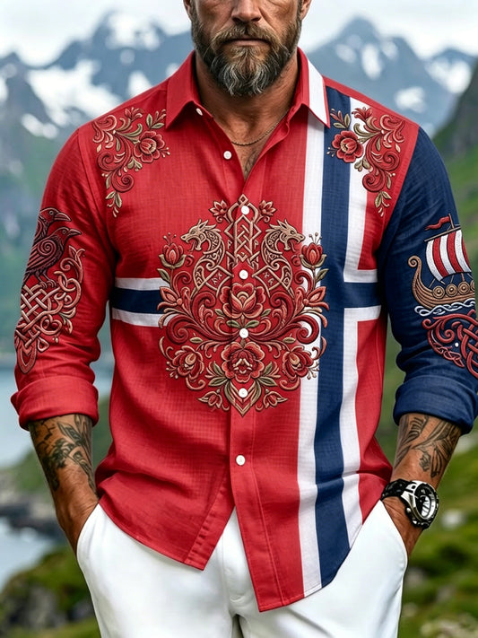 Menns vintage norsk-print lappeteknikk kunst-fritidsskjorte