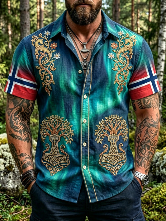 Menns Vintage Norske Aurora Borealis Skriv ut patchwork Casual skjorte