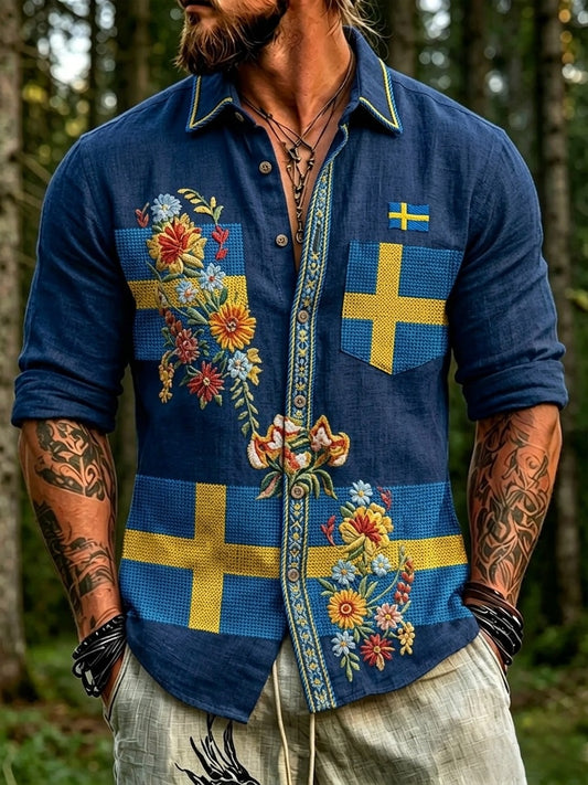 Herrretro svensk nasjonaldag midtsommer folkloristisk blomstret langermet skjorte