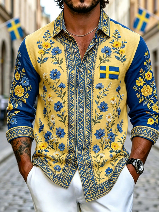 Herrretro svensk nationaldag midsommar folkloristisk blommig skjorta i bomull-linne