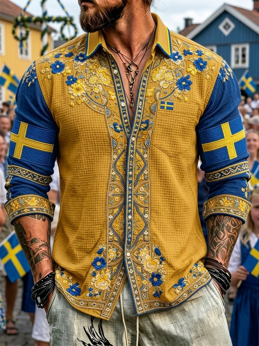 Herrretro svensk nationaldag midsommar folkloristisk blommig vaffelmönstrad långärmad skjorta