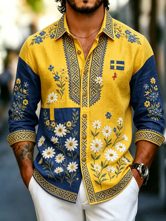 Herrretro svensk nasjonaldag midtsommer folkloristisk blomsterskjorte i bomull-lin