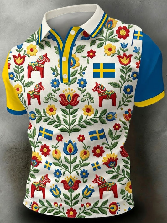 Piquépolo med korte ermer og kunsttrykk til minne om Sveriges nasjonaldag