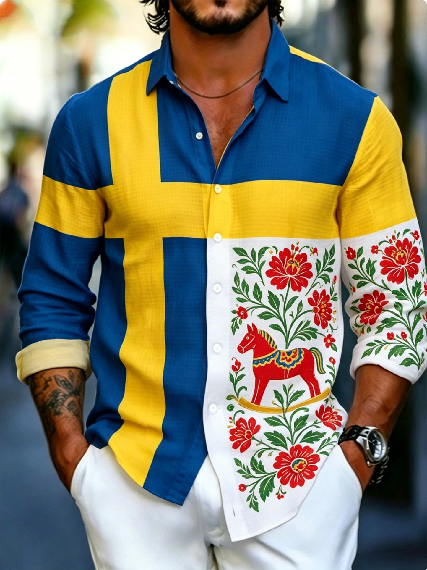 Herrtröja med konsttryck till minne av Sveriges nationaldag, långärmad