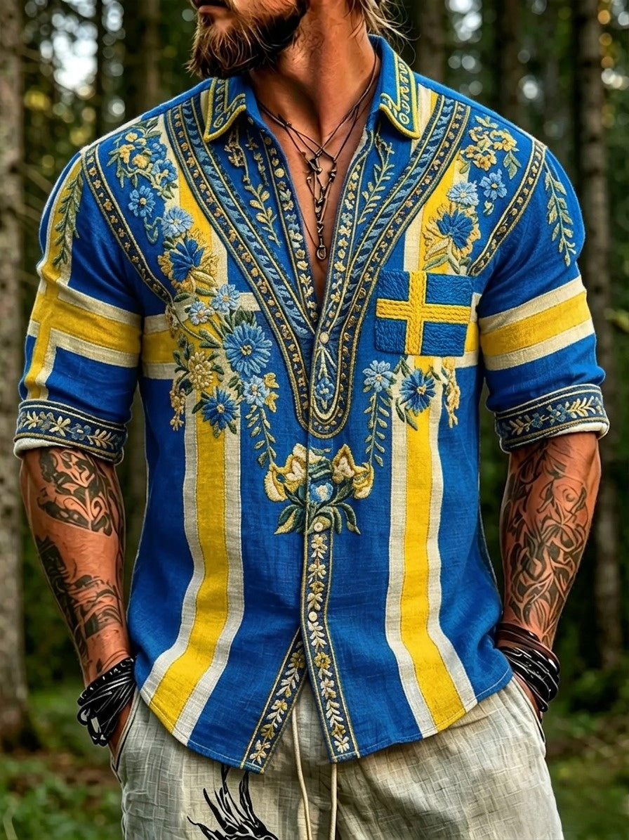 Herrretro svensk nationaldag midsommar folkloristisk blommig skjorta i bomull-linne