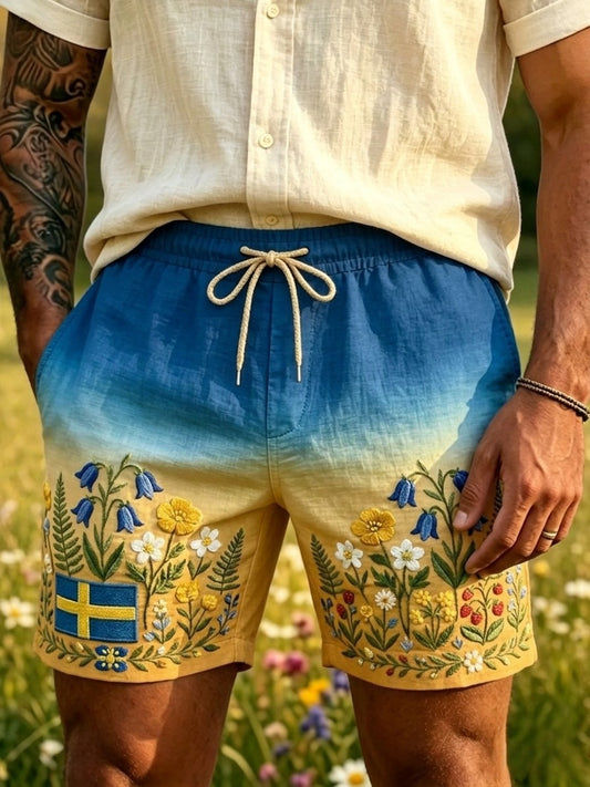 Herr Retro Svensk nasjonaldag Midtsommer Folk Floral Bomull-lin Shorts
