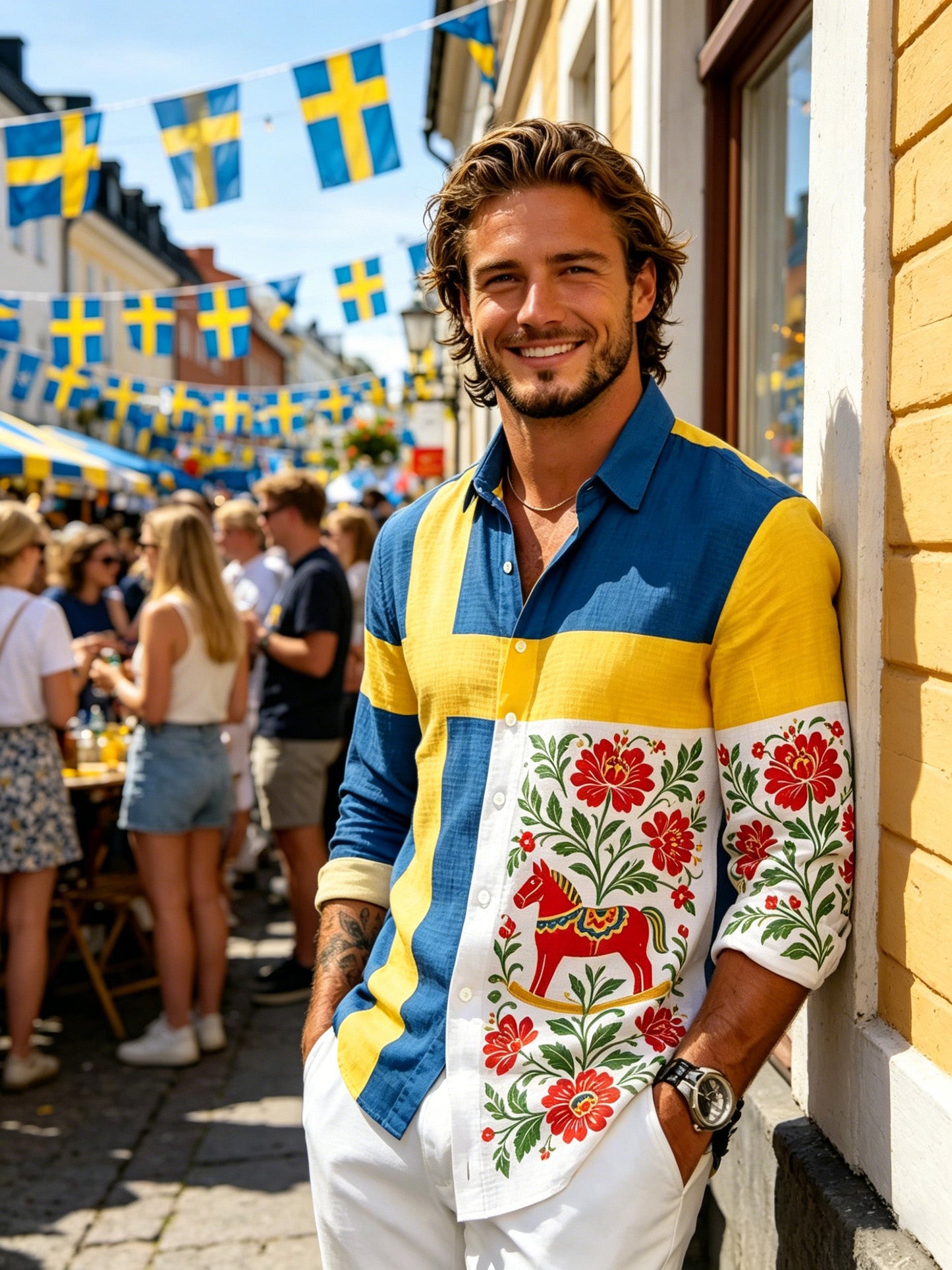 Herrtröja med konsttryck till minne av Sveriges nationaldag, långärmad