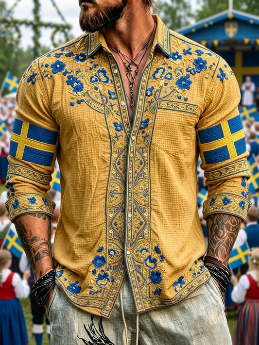 Herre-retro svensk nasjonaldag midtsommer folkloristisk blomstret vaffelmønstret langermet skjorte