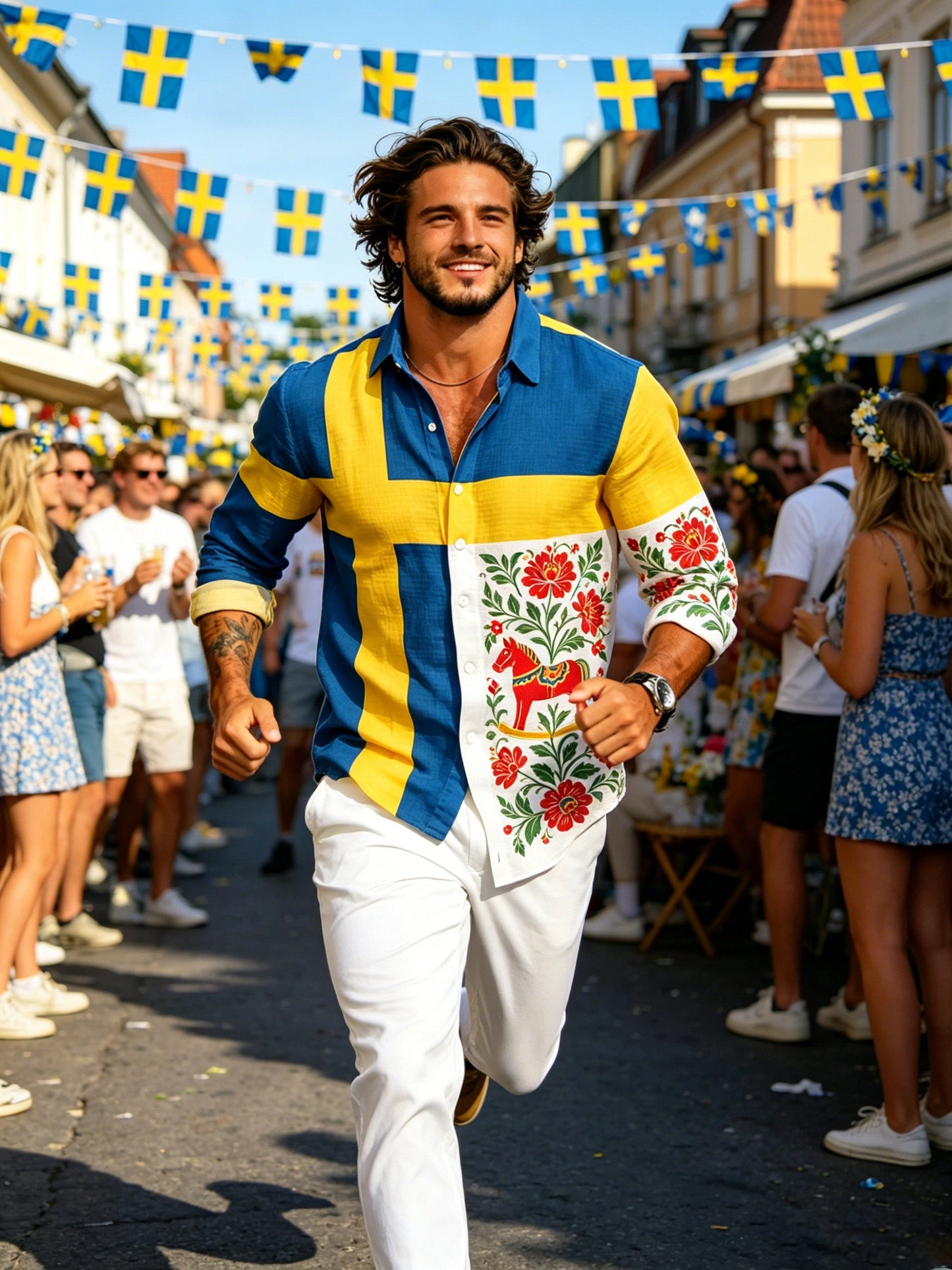 Herrtröja med konsttryck till minne av Sveriges nationaldag, långärmad