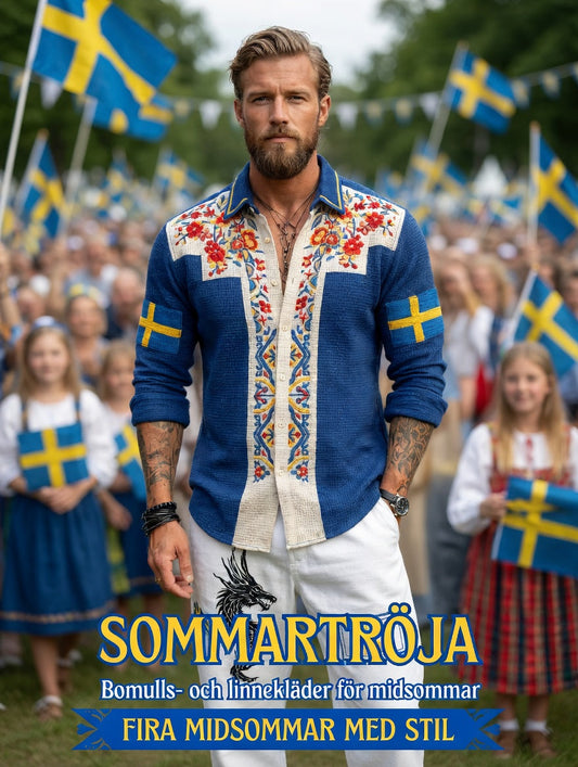 Herrretro svensk nationaldag midsommar folkloristisk blommig vaffelmönstrad långärmad skjorta