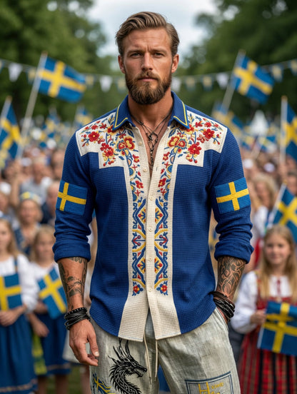 Herrretro svensk nationaldag midsommar folkloristisk blommig vaffelmönstrad långärmad skjorta