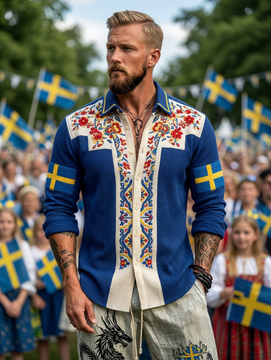 Herrretro svensk nationaldag midsommar folkloristisk blommig vaffelmönstrad långärmad skjorta