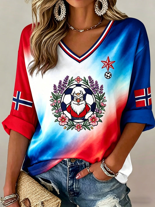 Kvinnelig norsk fotballkamp Jubel fan kunst print V-Neck topp