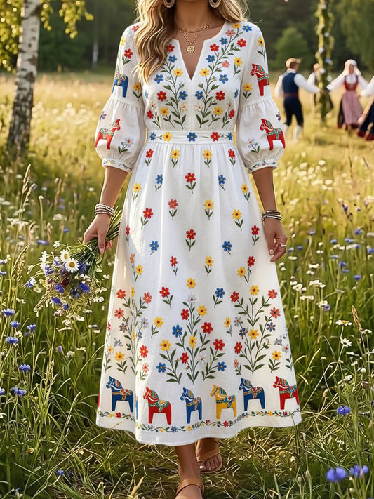 Dame Vintage Svensk Dalahäst Blomsterbroderi Kunst Trykk Uformell Kjole