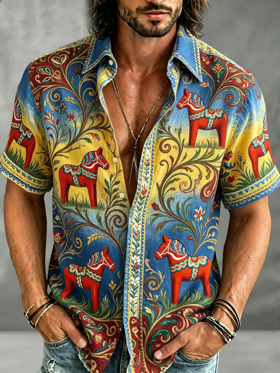 Herrretro svensk dalahäst blommig broderi konsttryck ledig skjorta T-shirt