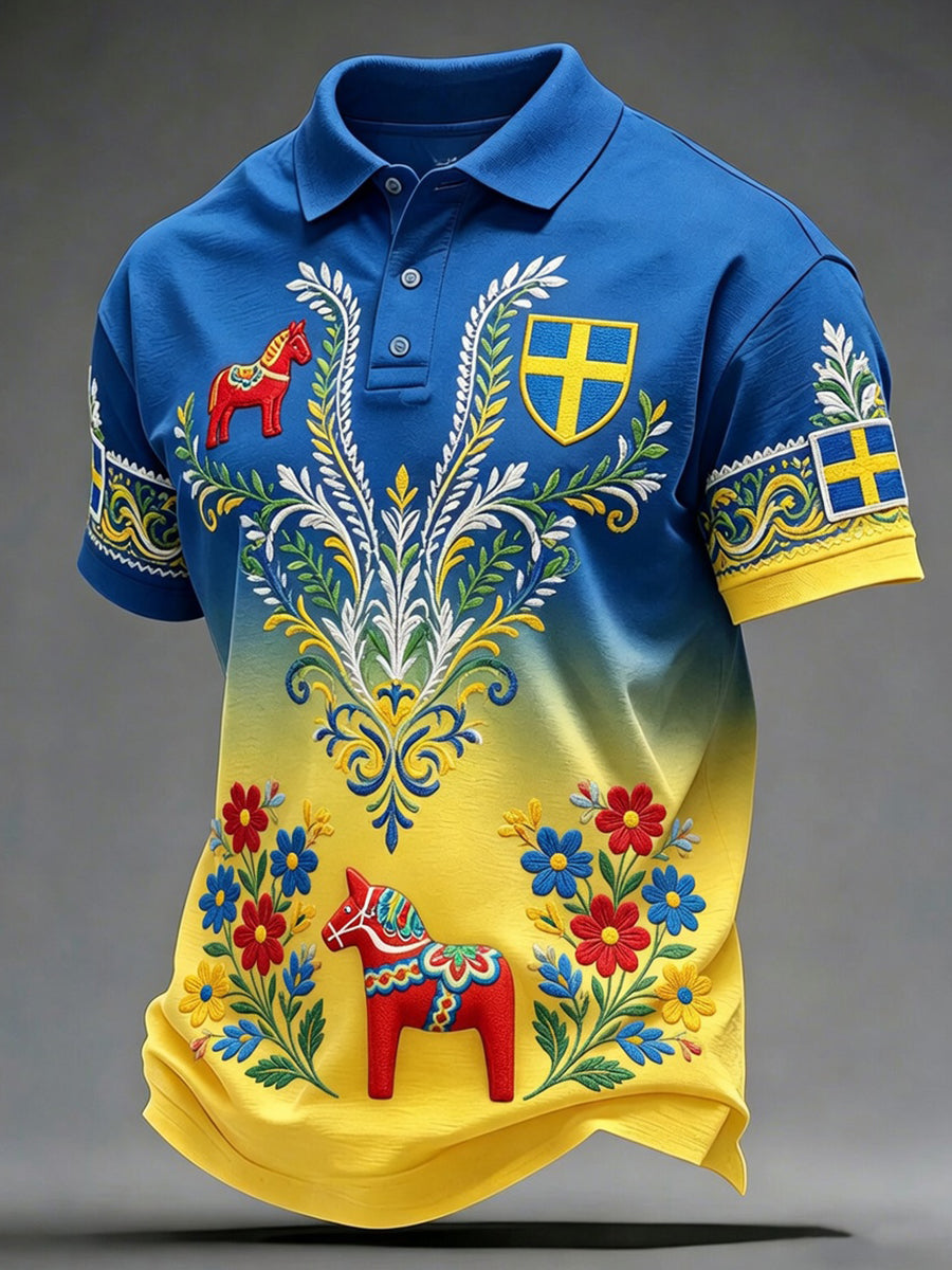 Herr Retro Svenska Dala Häst Blomsterbroderier Konst Print Casual Polo tröja