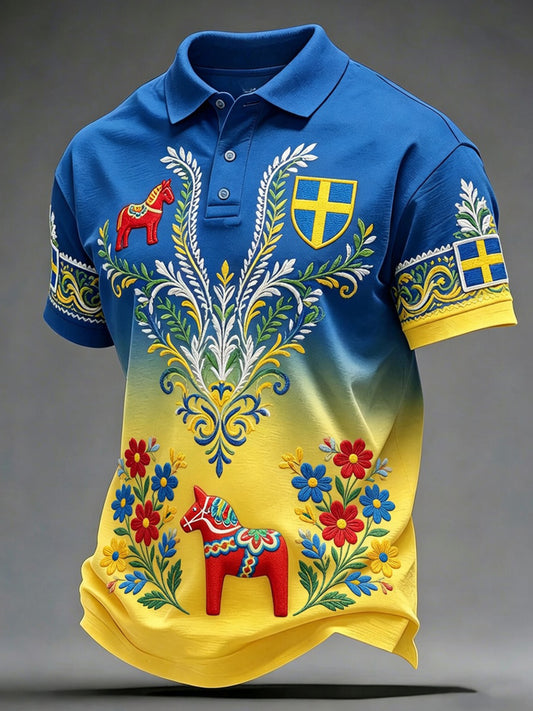 Herr Retro Svensk Dalahest Blomsterbroderier Kunsttrykk Uformell Polotrøye