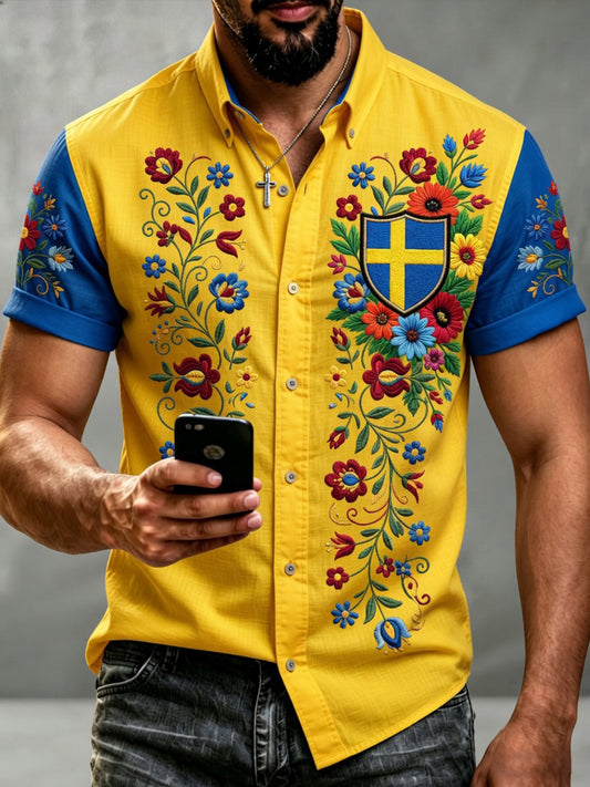 Herr retro svensk dalahäst blomsterbroderi kunsttrykk uformell skjorte T-skjorte