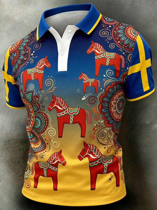 Retro svensk dalahäst blomsterbroderi kunsttrykk uformell hettegenser