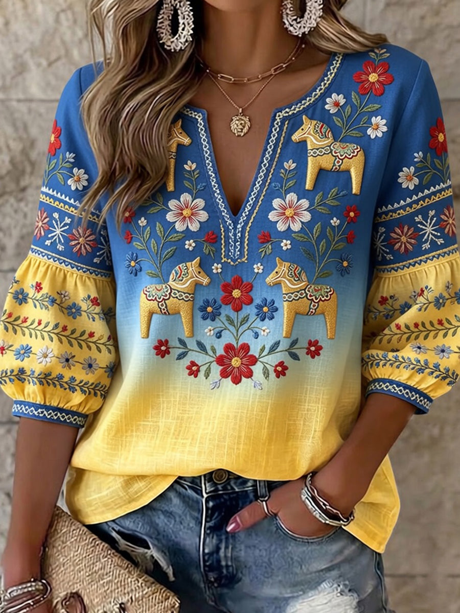 Kvinnor Retro Svenska Dala Häst Blomsterbroderier Konst Print Casual Topp