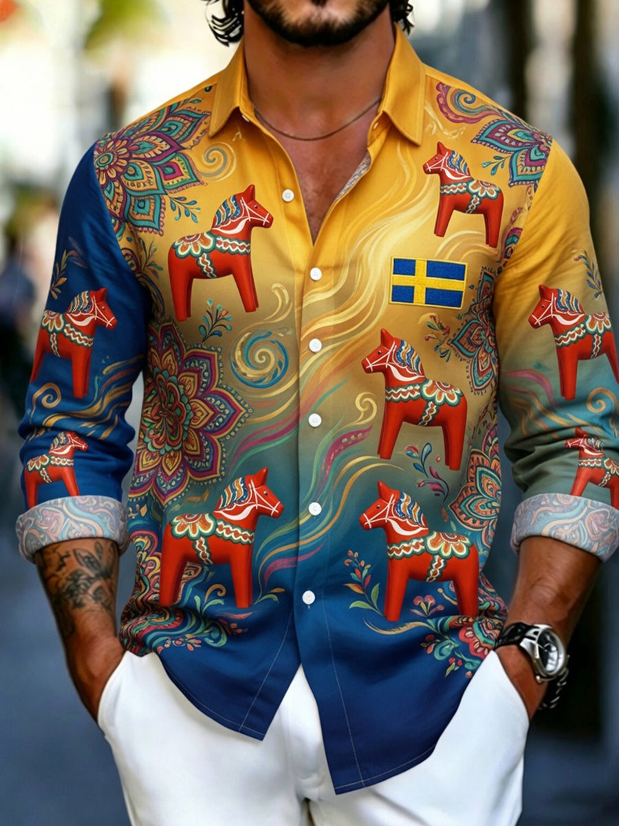 Herrretro svensk dalahäst blommig broderi konsttryck ledig skjorta