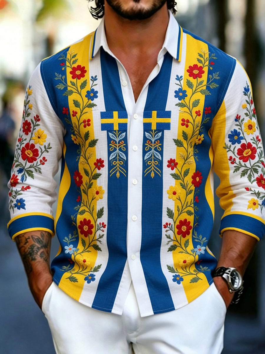 Herrretro svensk dalahäst blommig broderi konsttryck ledig skjorta