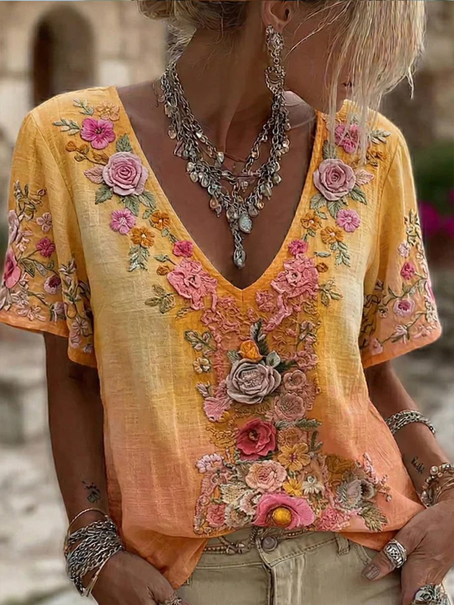 Dams retro broderad blommig konsttryckt avslappnad bekväm t-shirt
