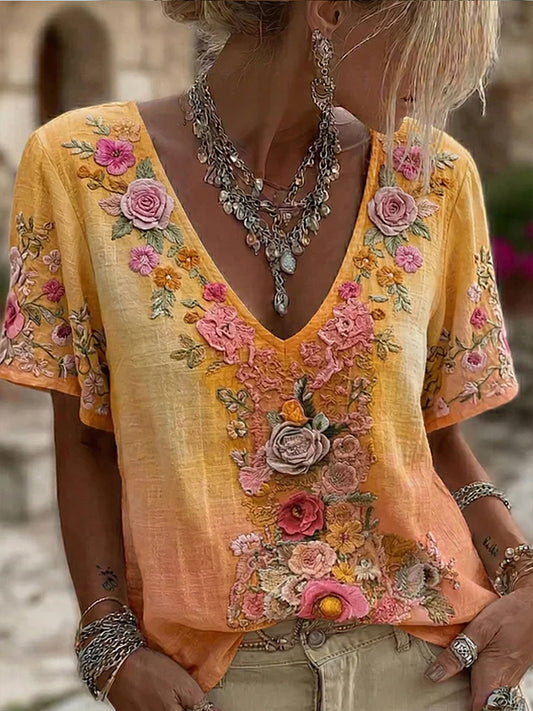 Dame retro brodert blomstertrykk uformell komfortabel t-skjorte