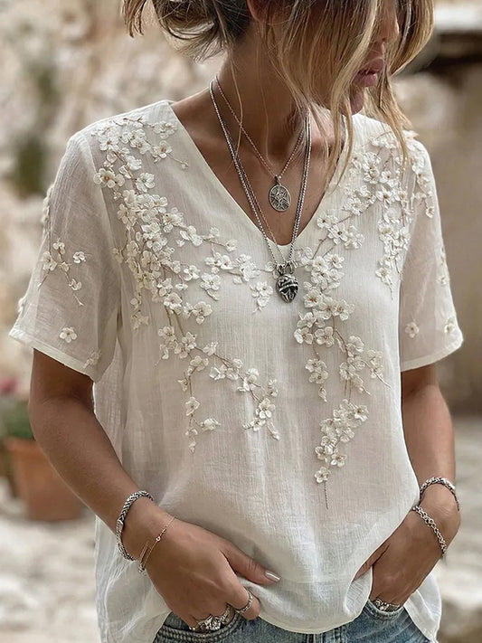 Dame retro brodert blomstermønstret casual komfortabel t-skjorte