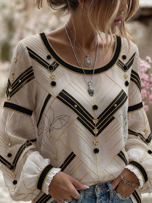 Dame vintage blomstret kunsttrykt uformell topp i bomull-lin