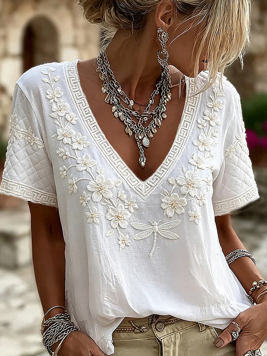 Retro brodert blomstret kunsttrykk uformell komfortabel T-skjorte for damer