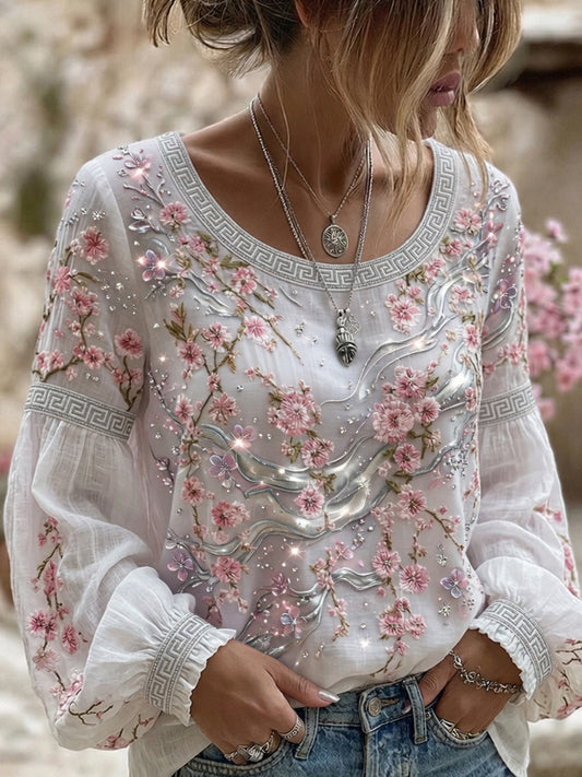 Dame vintage blomstrete kunsttrykt uformell topp i bomull-lin