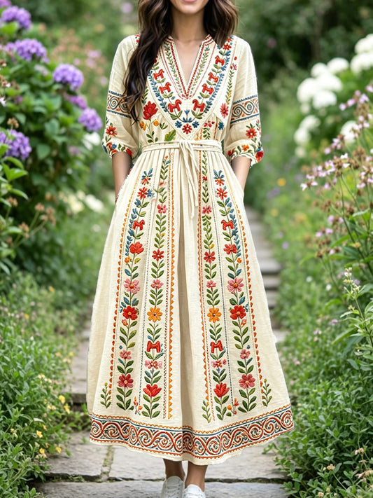 Kvinner Off-white Svensk Blomster midtsommer Print Casual V-hals kjole