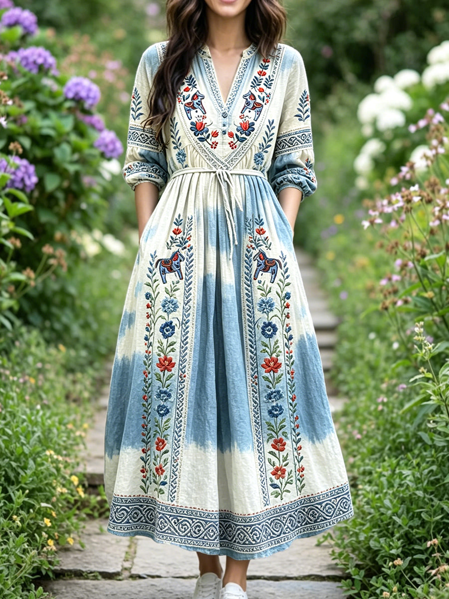 Kvinnors gradient-Print Svenska Dala Häst Floral Casual V-hals klänning