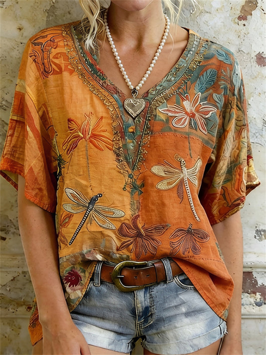 Dame Vintage Dragonflies Blomster Colorblock Print Linne Kortermet T-skjorte