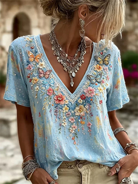 Dame Boho sommerfugl floral kunsttrykk linskjorte med korte ermer