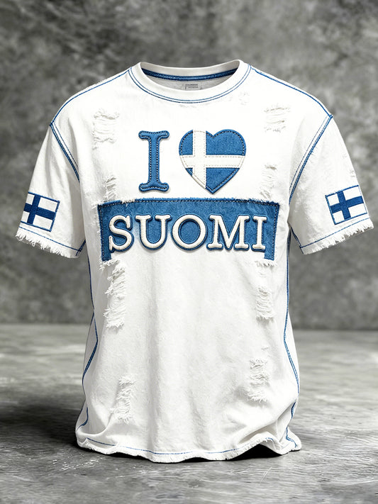Hvit fritids-T-skjorte for menn med "SUOMI"-patchworkprint