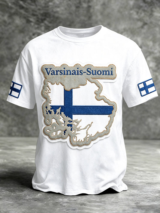 Herre Finland Flagg “SUOMI” lappeteppe trykk hvit uformell T-skjorte