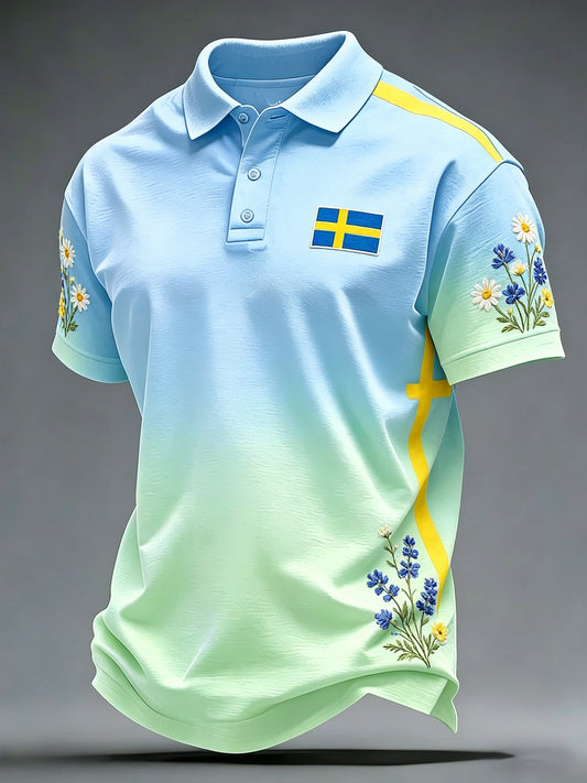Herrpolotröja med konsttryck till minne av den svenska midsommarfesten, kortärmad